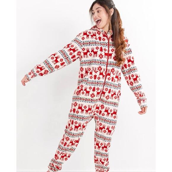 Hanna Andersson Fleece One Piece Jumpsuit Pajamas S/M Dear Deer Marshmallow - Picture 1 of 11